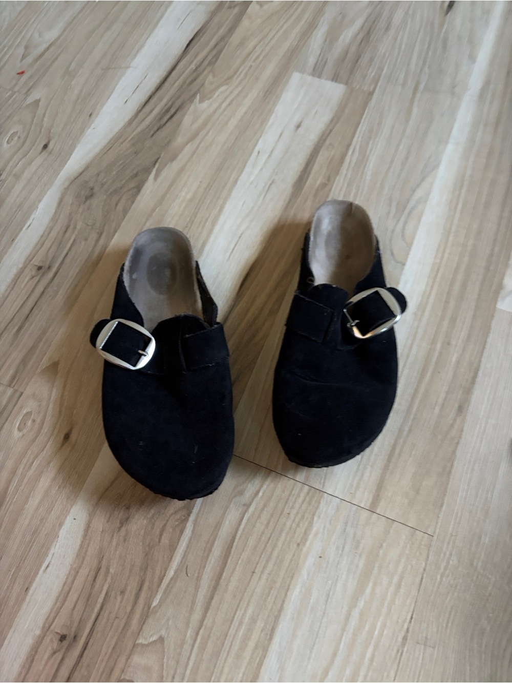 Women's Black Suede Slip-On Buckle Mules